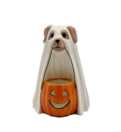 "Cosmos Gifts 21020 Ghost Dog Holding Pumpkin Tealight Holder 4 7/8"" X 4 5/8"" X 6 3/8"" H"