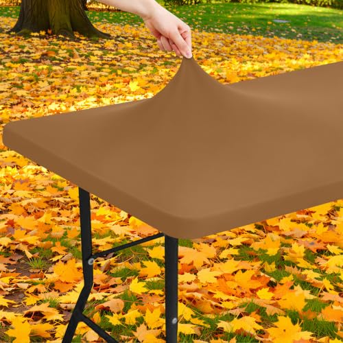"Moosfor Spandex 8 Foot Rectangle Table Cloth, Elastic Fitted Tablecloths for Picnic, Stretch Washable Patio Table Cover for Outdoor, Camping, Banquet and Parties (Brown, 30""x96"")"