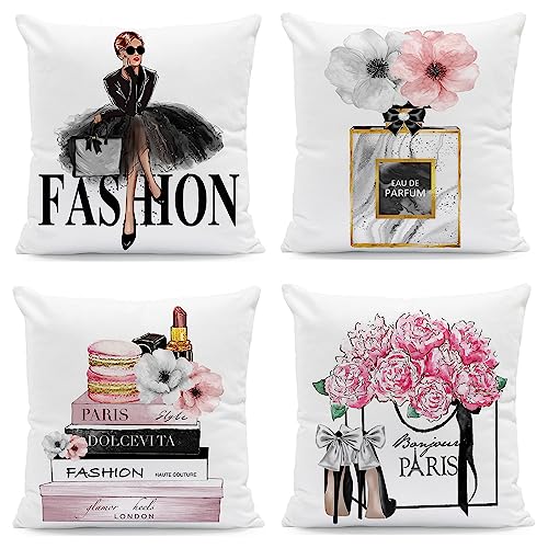 FCOZM 18x18 Pink Gold Throw Pillow Covers Fashion Women Girly Bed Decorative Pillow Covers Flower Perfume Lipstick Sofa Couch Pillow Covers Black White Accent Velvet Pillow Cases Set of 4