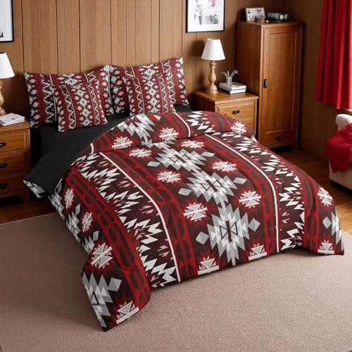 Erosebridal Western Aztec Bedding Set Twin 7 Piece Rustic Southwestern Tribal Comforter Set Bohemian Geometric Vintage Bed in A Bag Boho Tribal Farmhouse Style Quilt with Flat Fitted Sheet