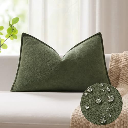 Kevin Textile 12x24 Inch Lumbar Pillow Cover 1 Pack Soft Boucle Textured Decorative Waterproof Rectangle Cushion Elegant Accent Pillow for Couch Sofa Chair Bed Home Decor Indoor Outdoor Olive Green
