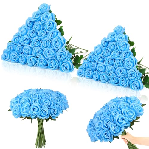 Ovveroche 80 Pcs Artificial Roses Long Stem Silk Flowers Sky Blue - Fake Rose Petals Realistic Look Bridal Bouquet Centerpieces Home Party Table Decor Romantic Gift