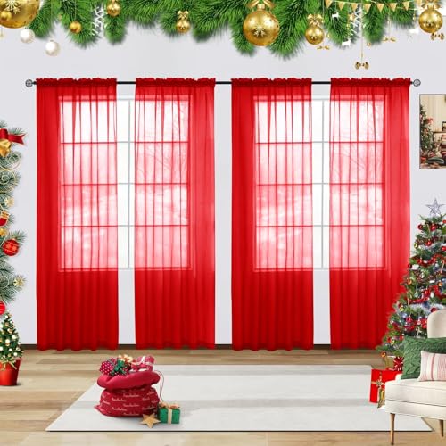 youleyar Solid Sheer Rod Pocket Curtain Voile Draperies 4 Panels White Beige Black Grey Ivory 52 Inch Width 96 Inch Long 1 Pair for Kitchen Bedroom Children Living Room Yard(Red,52 W???96 L)
