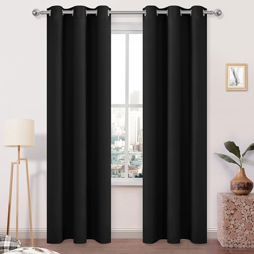 DWCN Room Darkening Blackout Curtains for Bedroom, Thermal Insulated Privacy Grommet Drapes for Living Room - 42 x 84 Inches Long, 2 Panels, Black