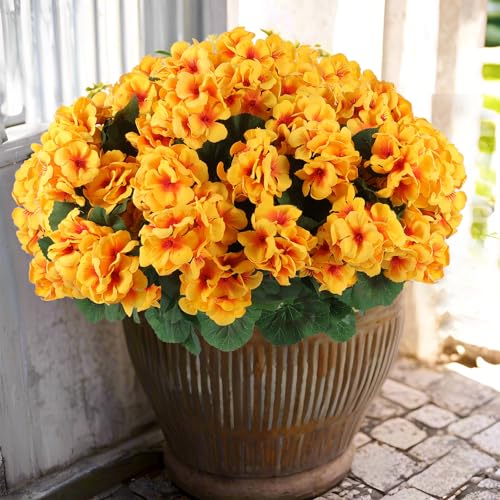 Hananona 12 Pcs Artificial Geranium Flowers for Outdoors Geranium Silk Flowers Outdoor UV Resistant Garden Plants Faux Flowers for Home Kitchen Table Centerpieces Decor (12, Yellow)