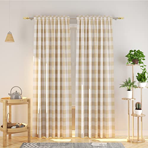 Set of 2 Panels 108 Inch Checked Window Curtain with Rod Loop Country Style Room Divider for Living Room Bedroom Sliding Glass Doors, Beige and White