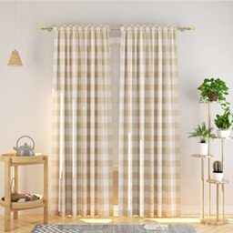 Set of 2 Panels 108 Inch Checked Window Curtain with Rod Loop Country Style Room Divider for Living Room Bedroom Sliding Glass Doors, Beige and White