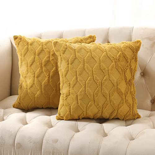 Volcanics Pack of 2 Faux Wool Throw Pillow Covers 20x20 Inches Decorative Farmhouse Velvet Couch Pillow Case Soft Plush Square Boho Cushion Pillowcase, Yellow