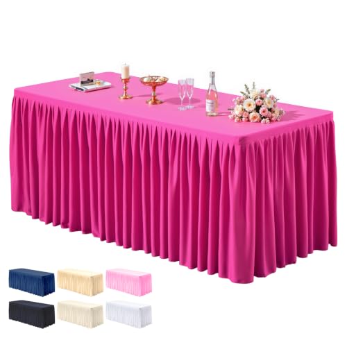 1 Pack Hot Pink Tablecloths for Rectangle Tables 6ft, Wrinkle Resistant Spandex Table Cover Fitted Stretch Table Cloth with Pleated Ruffle Skirts for Party Banquet Dining Birthday Wedding