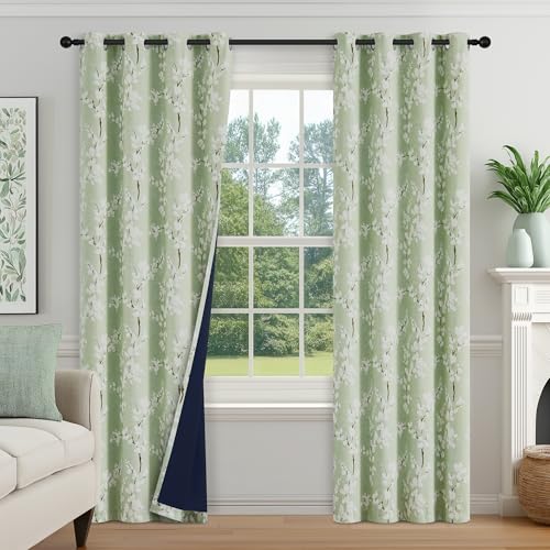 FMFUNCTEX 100% Blackout Green Floral Curtains 72 Inch Grommet 2 Panels - 100% Black Out Drapes, Blossom Patterned, Thermal Insulated, Cottage Farmhouse, for Living Room, Grommet Top, White on Green