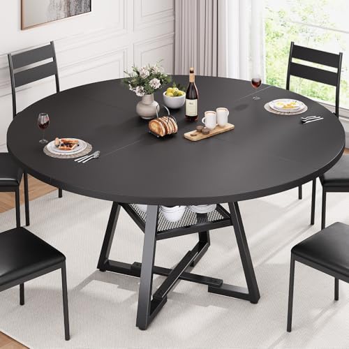 Jocoevol Round Dining Table for 4-6 People, Circle Dinner Table with Shelves, Space Saving Wood Kitchen & Dining Room Furniture (Black, 51 inch