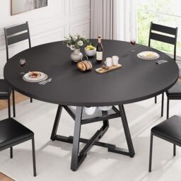 Jocoevol Round Dining Table for 4-6 People, Circle Dinner Table with Shelves, Space Saving Wood Kitchen & Dining Room Furniture (Black, 51 inch