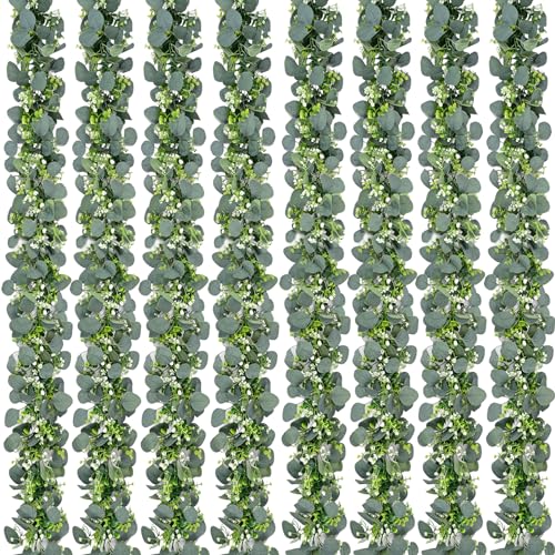 Waipfaru 8Pcs Eucalyptus Garland, 5.9FT Greenery Garland with Flowers, Artificial Faux Silver Dollar Eucalyptus Leaves Vines for Table Home Wedding Mantle Party Indoor Outdoor Decor