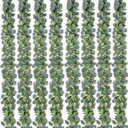 Waipfaru 8Pcs Eucalyptus Garland, 5.9FT Greenery Garland with Flowers, Artificial Faux Silver Dollar Eucalyptus Leaves Vines for Table Home Wedding Mantle Party Indoor Outdoor Decor