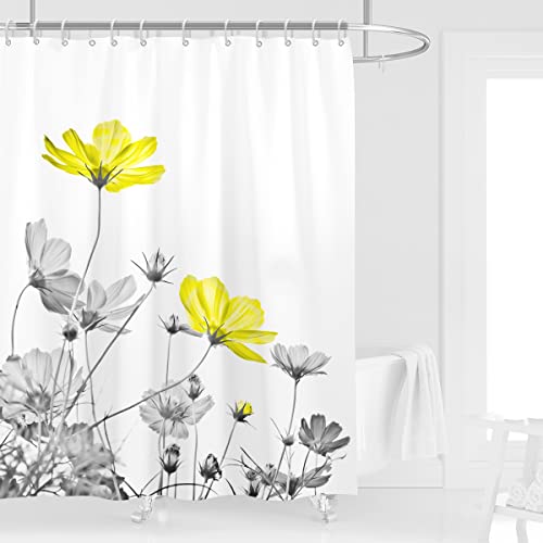Kikiry Yellow Gray Shower Curtain 60''W x 72''L White Grey Flowers Wildflower Daisy Floral Ink Painting Botanical Simple Elegance Bathroom Curtains Polyester Fabric 12 Pack Plastic Hooks