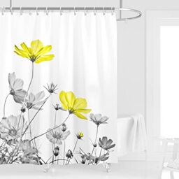Kikiry Yellow Gray Shower Curtain 60''W x 72''L White Grey Flowers Wildflower Daisy Floral Ink Painting Botanical Simple Elegance Bathroom Curtains Polyester Fabric 12 Pack Plastic Hooks