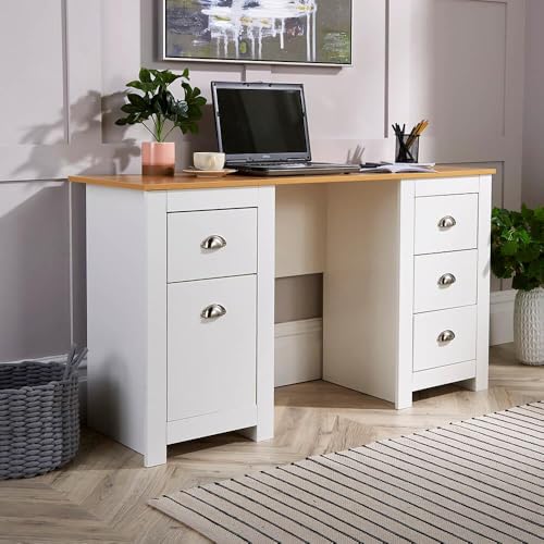 Home Source Office Computer Desk, Dressing Table, 4 Drawers, 1 Cupboard, Oak Effect top, White