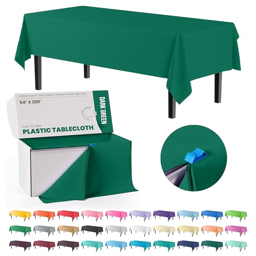 Exquisite Party Solids 54 Inch X 300 Feet Dark Green Plastic Table Cover Roll in A Cut - to - Size Box with Convenient Slide Cutter. Cuts Up to 36 Rectangle 8 Feet Plastic Tablecloths