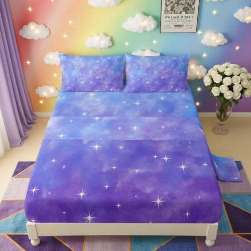 QOOMO Starlight Print Kids Sheet Set Queen Size,Purple Gradient Bedding Set Lightweight,All Seasons for Room Decoration,1 Fitted Sheet,1 Flat Sheet,2 Pillow Cases