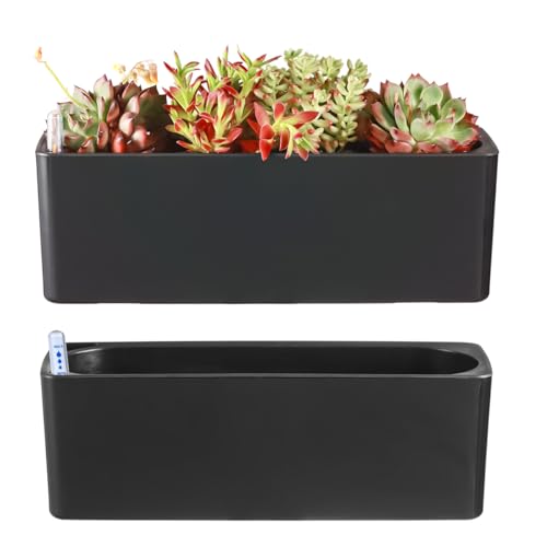 2 Pack Rectangular Self Watering Planter 15.6 x 5.4 in Window Sill Planters Indoor Rectangle Planter Self Watering Pots Plastic Plant pots with Drainage Holes Black Flower Pot (Black)