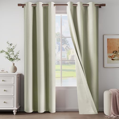 "Beige 100% Blackout Linen Textured Curtains 84 Inch Length 2 Panels Set for Living Room, Bedroom, Light Weight Curtains with Grommets Top, Blackout Curtains Privacy Protection, Beige, 37"" W x 84"" L"