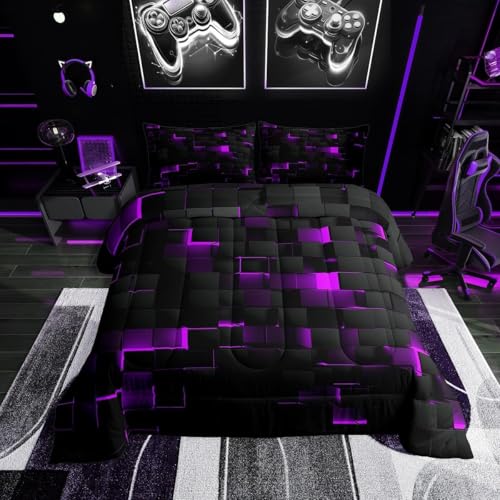 Erosebridal Black Purple Comforter Set Twin Neon Geometric Checkered Bedding Set for Girls Teen Women,Tereoscopic Grids Comforter Square Plaid Quilt Duvet Room Decor 2 Pcs