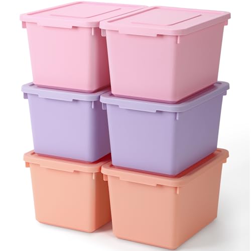 Potchen 6 Pcs Plastic Latching Storage Bins with Lid Medium Stackable Lockable 9.8x7.3x5.7 Inch Storing Containers for Organizing Storage Baskets for Shelves Office (Pink,Purple,Orange)