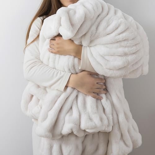 "WDCOZY Ruched Faux Fur Throw Blanket Soft Cozy Fluffy Luxurious Blankets Couch Bed Sofa Chair Home Decor Warm Furry Fall Winter Plush Rabbit Fur Bubble Blanket 50"" x 60"", Ivory Cream White"