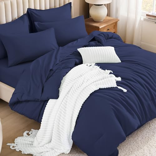 Litanika California King Comforter with Sheets - 7 Pcs Bed in a Bag - Navy Blue Fluffy Lightweight Soft Warm Down Alternative Solid All Season Bedding Set