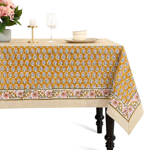 CPC Rectangle Table Cloth, Gray Indian Block Print Cotton Fabric Farmhouse Table Cover for Outdoor, Mothers Day, Buffet, Wedding- 70x108 Inch, Citrine Yellow