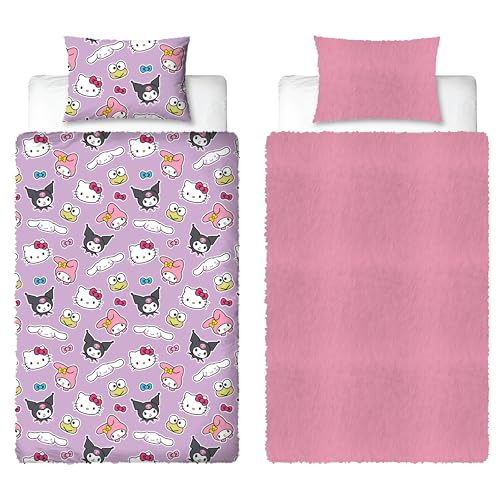 Hello Kitty Official Single Fleece Duvet Cover Set - Super Soft and Warm - Reversible 2 Sided Winter Cosy Kids Bedding Cover Including Matching Pillow Cases - Pink