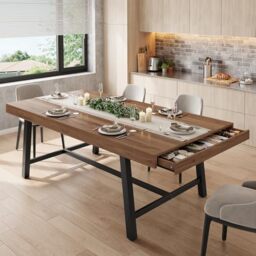 "Jocoevol Wooden Dining Table for 6-8 People with 2 Large Drawers, 63"" Long Large Kitchen Table with Sturdy Metal Frame, Farmhouse Kitchen Table, Rectangular Counter for Dinner, Dining Room, Brown"