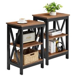 VECELO Side Table Set of 2, 3-Tier Sofa Nightstand Bedside with Storage, X Design Sturdy Metal Frame, Industrial Style for Living Room, Bedroom, Home Office