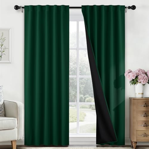 SimpleHome 100% Blackout 84 Inch Dark Green Curtains for Living Room - Curtains for Bedroom,Rod Pocket and Back Tab Window Drapes,Room Darkening Curtains with Black Back,52 x 84 Inch,2 Panels