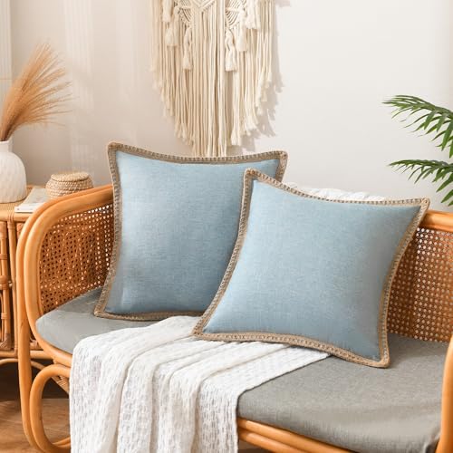 NordECO HOME Pack of 2 Linen Blue Cushion Covers 45x45 cm Decorative Farmhouse Burlap Trimmed Edges 18x18 for Sofa Decor