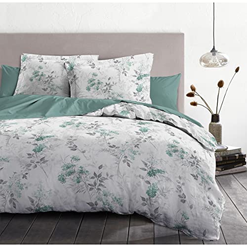 Home Linge Passion 3-Piece Bedding Set 240 x 260 cm 100% Cotton 57 Thread Count, White, Grey & Green, 240x260cm