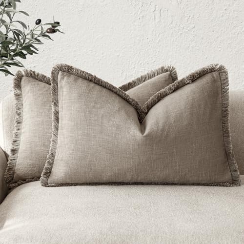 Foindtower Set of 2 Decorative Linen Fringe Lumbar Throw Pillow Covers Boho Farmhouse Cushion Cover with Tassels Soft Accent Pillowcase for Couch Sofa Bed Living Room Home Decor,12??24 Inch,Brown Tan
