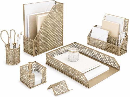 BLU MONACO 6 Piece Cute Gold Desk Organizer Set - Desk Organizers and Accessories for Women - Cute Office Gold Desk Accessories - Desktop Organization