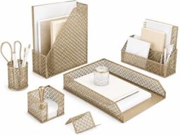 BLU MONACO 6 Piece Cute Gold Desk Organizer Set - Desk Organizers and Accessories for Women - Cute Office Gold Desk Accessories - Desktop Organization