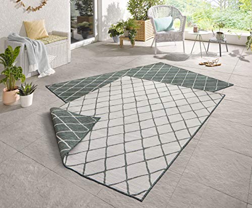 NORTHRUGS Indoor and Outdoor Rug Malaga 80 x 150 cm Reversible Rug Weatherproof Modern Geometric Pattern Runner for Balcony Patio Garden Conservatory Living Room Waterproof in Green Cream