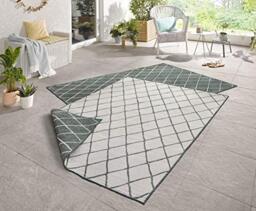NORTHRUGS Indoor and Outdoor Rug Malaga 80 x 150 cm Reversible Rug Weatherproof Modern Geometric Pattern Runner for Balcony Patio Garden Conservatory Living Room Waterproof in Green Cream