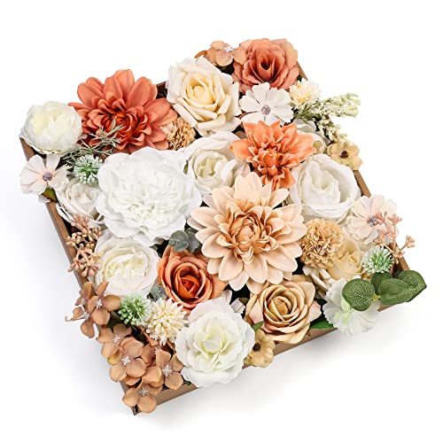 Serra Flora Artificial Flowers Combo Dahlia 34pcs Silk Mix Fake Flowers Roses for DIY Wedding Bouquets Combo Centerpieces Arrangements Party Bridal Baby Shower Home Decorations(White Pink)
