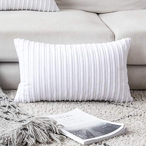 "UGASA Velvet Pillow Covers Striped, Decorative Throw Cushion Case with Hidden Zipper for Home Couch/Bedroom/Car, Soft Cozy Solid Oblong, 1 Piece (12""x20"", Pure White)"