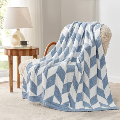 Snuggle Sac Throw Blanket for Couch, Reversible Super Soft Warm Blankets Cozy Knit Fuzzy Plush Lightweight Throws for Sofa, Bed, Camping,Chevron Blue,50x60 inches