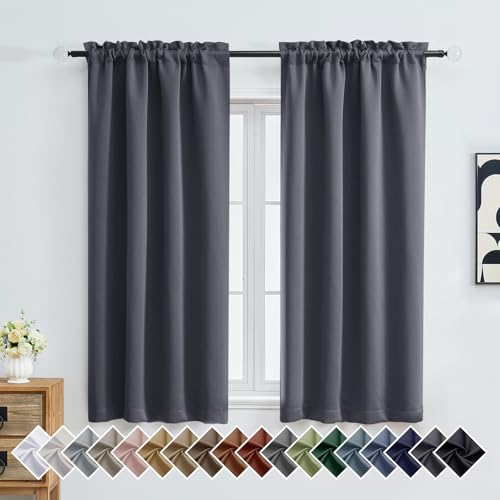 OVZME Charcoal Grey Blackout Curtains for Bedroom 63 Inch Length 2 Panels, Thermal Insulated Energy Saving Curtains for Bedroom, Dual Rod Pocket Window Treatment Blackout Drapes, 2x40Wx63L Inches