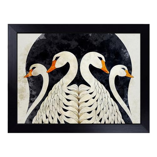 Lap Tray with Bean Bag Cushion, Art Deco Swan - Handmade in the UK, Raised Wooden Edge, Padded Cushion, Heat-Resistant Wipe-Clean Surface, for Meals, Laptops and Crafts