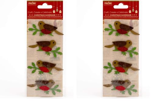 Italian Options Glitter Robins Handmade Christmas Craft Decoration Self Adhesive 6.5cm x 4.5cm (4 pcs) (Pack of 2)