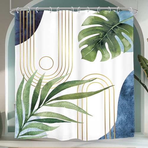 Boho Blue Green Shower Curtain Mid Century Abstract Bathroom Curtain Set - Tropical Palm Leaf Modern Minimalist Plant Botanical Geometric 72Wx72L Bathroom Decor Waterproof Fabric with Free Hooks
