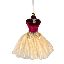 Burgundy and Gold Ballerina Costume Figure 15cm - Christmas Tree Hanging Decorations Festive Decorative Ornaments Fairy Tale Themed Xmas Tree Pendant
