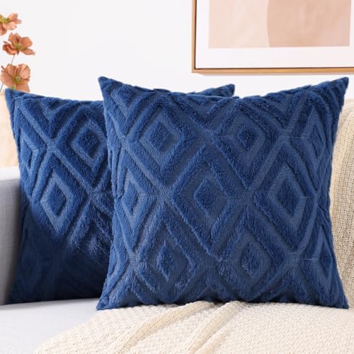 decorUhome Couch Throw Pillow Covers 18x18 Set of 2, Decorative Soft Plush Faux Wool Pillow Covers for Bed Sofa Living Room, Blue